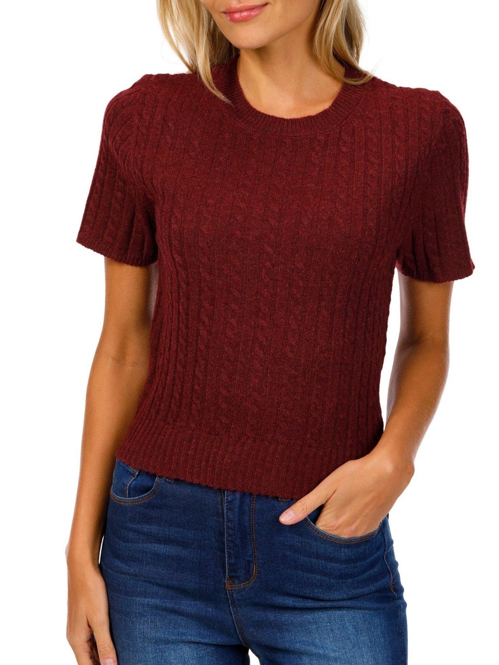 NWT No Comment Burgundy Cable Knit Short Sleeve Sweater, Size S